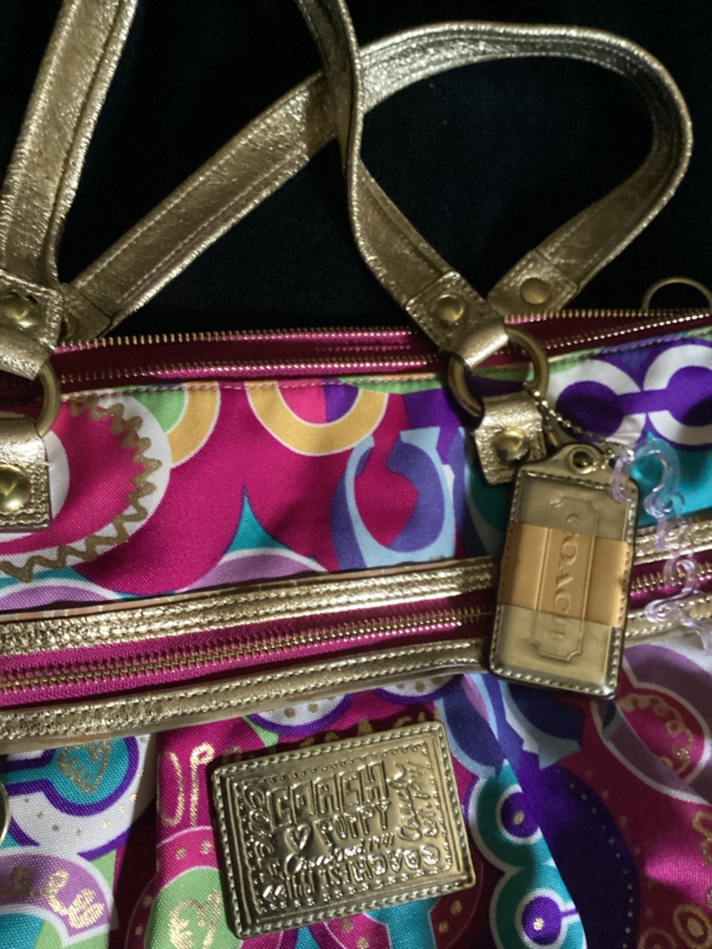 RARE Coach Poppy Graffiti Tote Bag Gold Accents, Top and front zip. w/ dust bag. - Picture 5 of 8